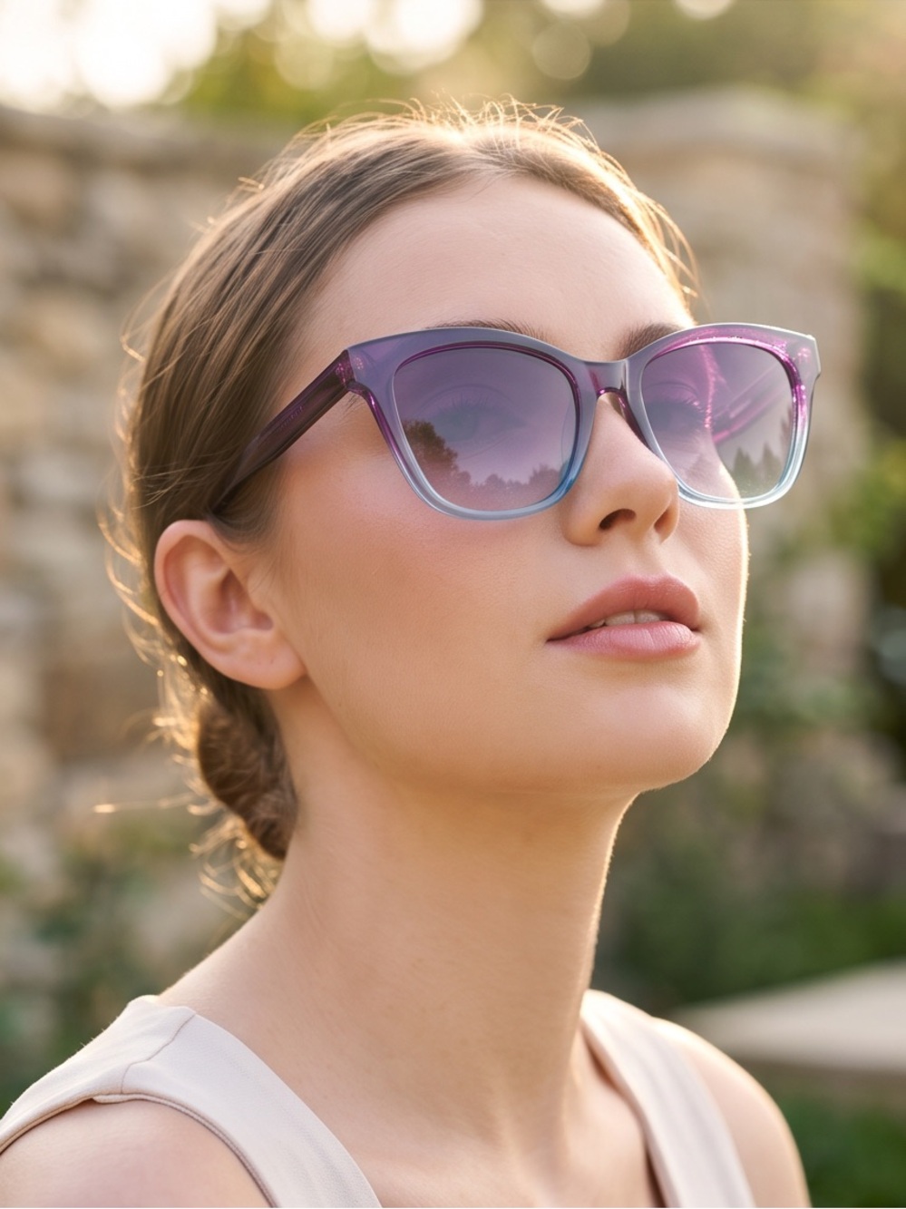 Purple to Teal Gradient Ombré Cat-Eye Sunglasses – Translucent Acetate